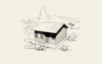 A perspective line drawing of a small wooden house.