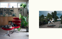 Collage of two photos, red lounge chair with a dog and stool with a cat on it, wooden armoire, photo frames on the wall, tall plants. On the right a child riding a play horse, a small blue wooden house in the background.