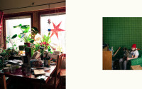 Collage of two photos. On the left a dining table full of books, papers and plants, a red paper star hanging at the window. On the right a girl with a red Christmas hat sitting in a green chair in a room with green wall-paper.