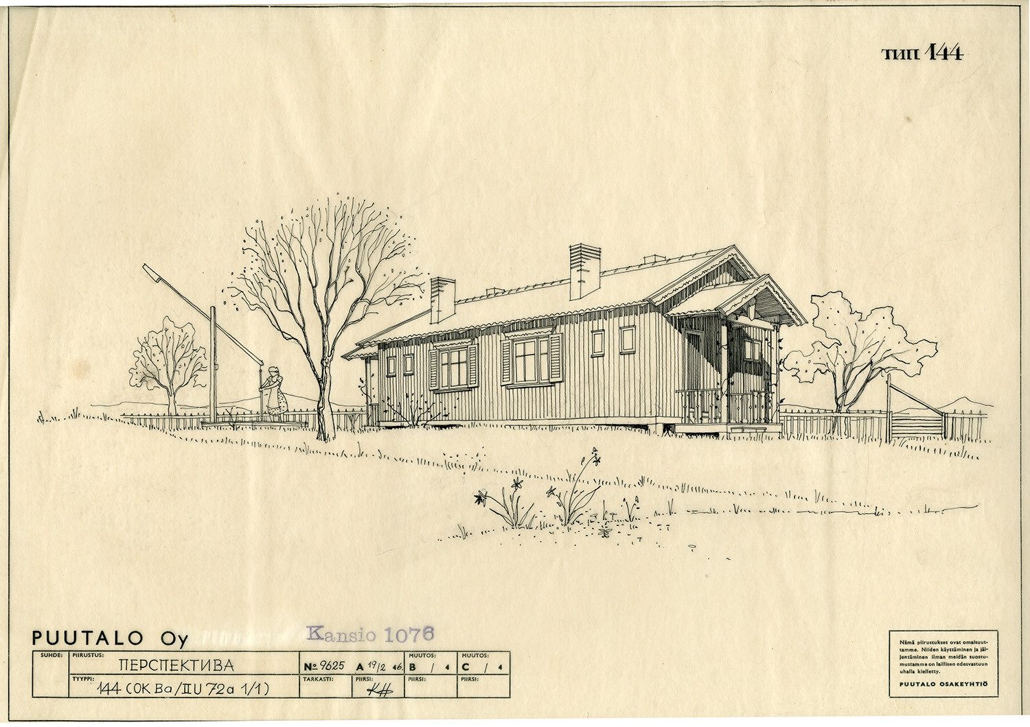 A drawing of a Puutalo Oy's house in the countryside. There is a woman in the yard fetching water from a well. There are flowers, trees and a lot of vegetation around.