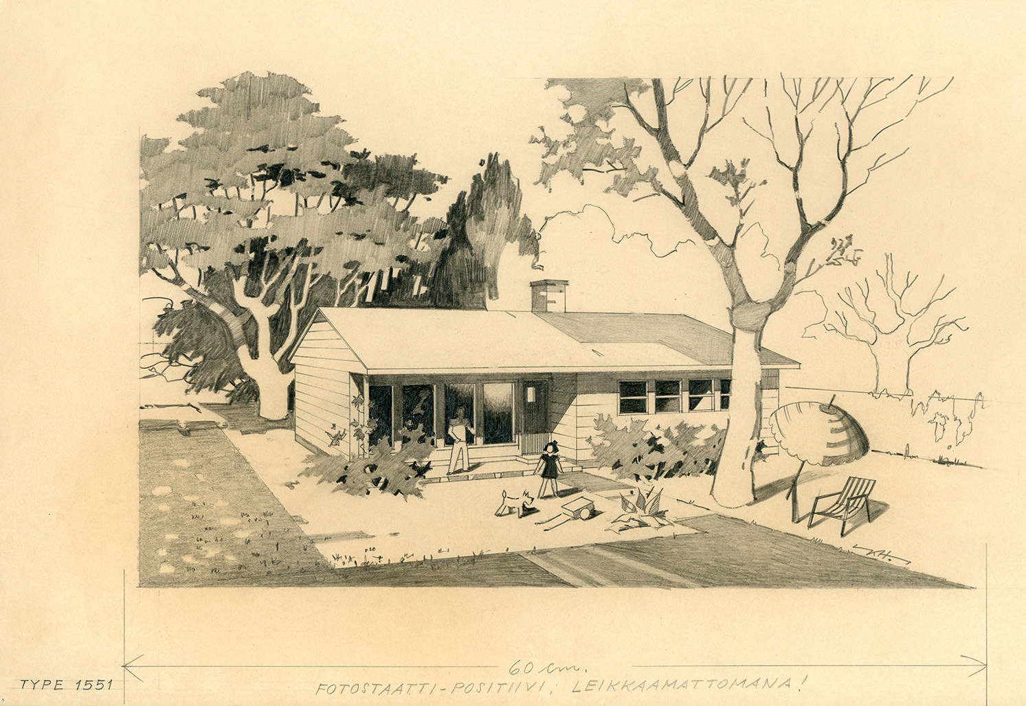 Perspective drawing of Puutalo Oy's wooden house. The father of the family is on the porch watching a child and a dog playing in the lush green yard.