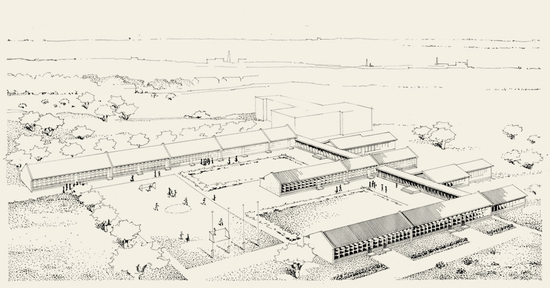 A drawing of a vast school area where there are several one-storey Puutalo wooden schools. 